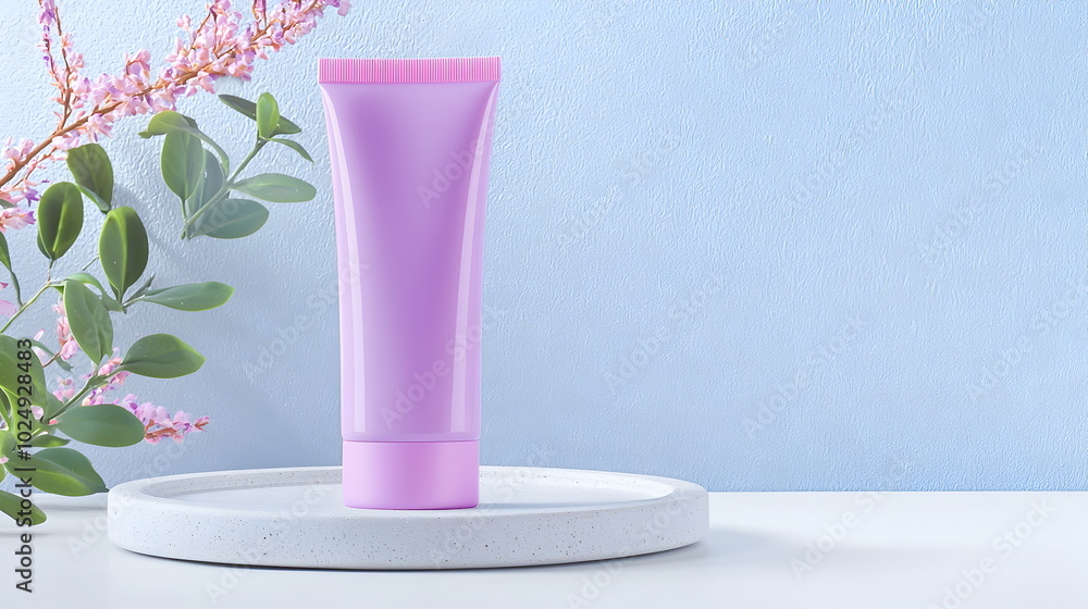 Lavender Serenity: A calming image of a light purple cosmetic tube, elegantly displayed on a stone podium with delicate lavender blossoms. Perfect for beauty and skincare branding. Lavender Serenity: A calming image of a light purple cosmetic tube, elegantly displayed on a stone podium with delicate lavender blossoms. Perfect for beauty and skincare branding.