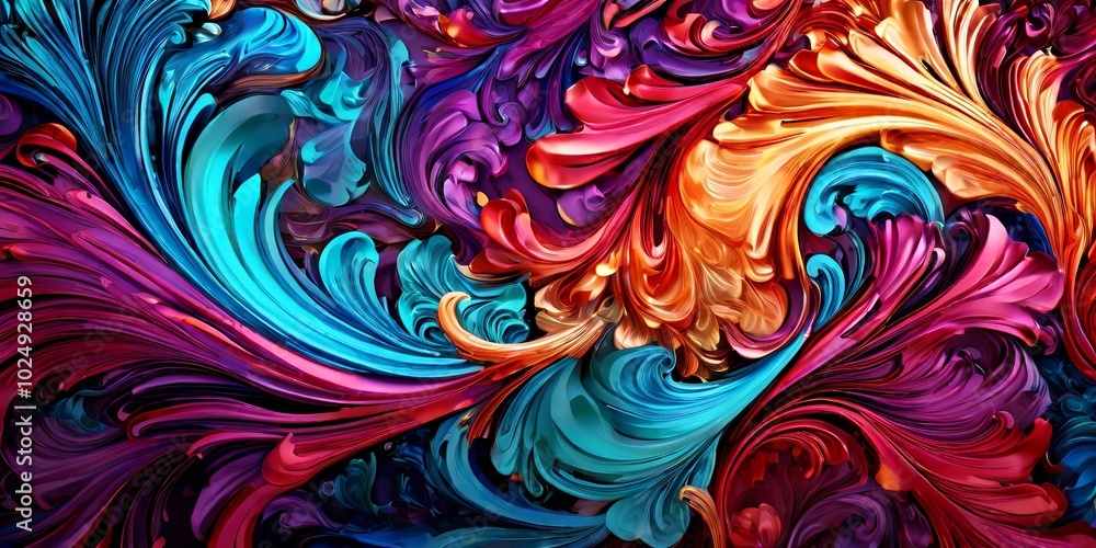 A colorful, abstract painting with a lot of detail and a sense of movement A colorful, abstract painting with a lot of detail and a sense of movement