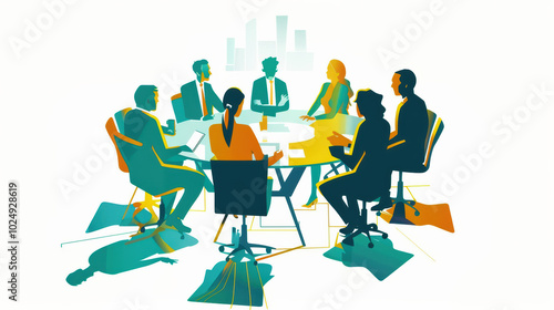 diverse group of professionals engaged in collaborative meeting around circular table, showcasing teamwork and communication in modern office setting