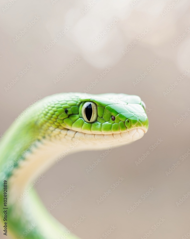 A tight shot of a green snake's eye with a blurred background behind it. A tight shot of a green snake's eye with a blurred background behind it.