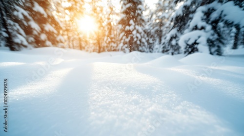 A tranquil winter scene with fresh snow covering the ground, as sunlight filters through tall trees, creating a warm and serene atmosphere in the forest.