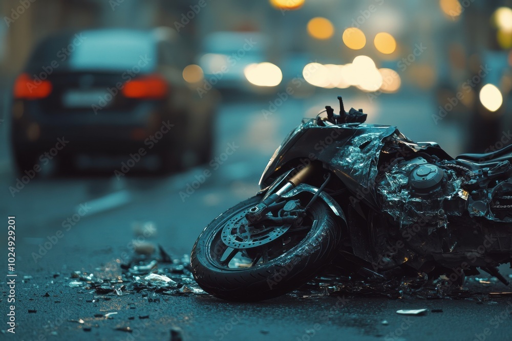 close up view of damaged motorcycle after accident, showcasing wreckage ...