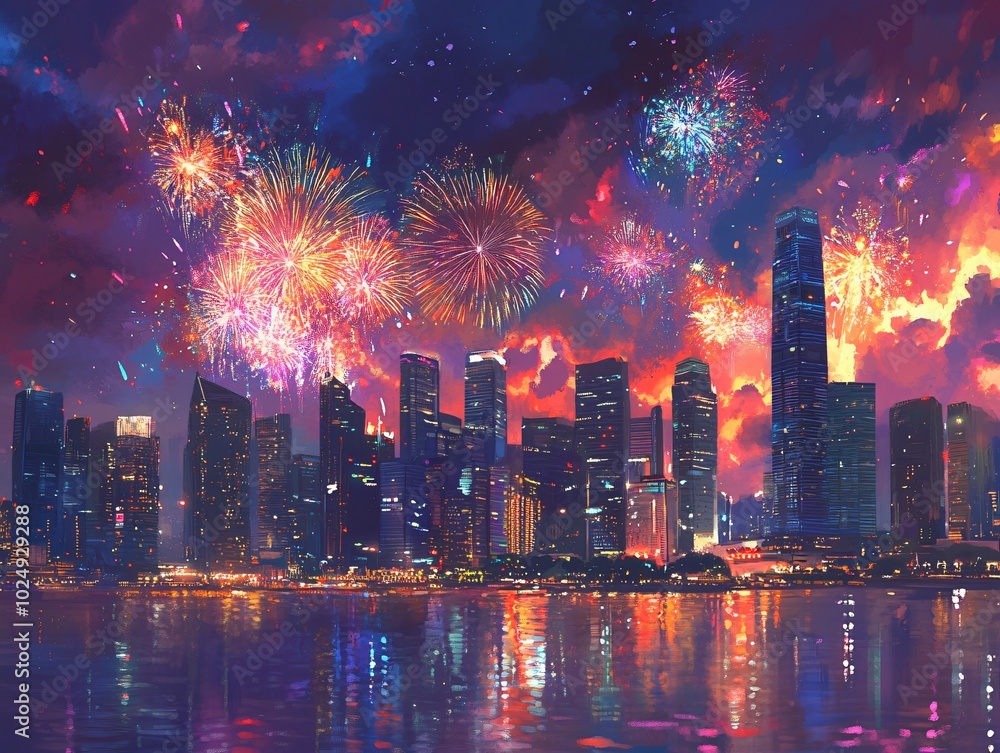 Illuminated Skyline of a Bustling City at Night Illuminated Skyline of a Bustling City at Night