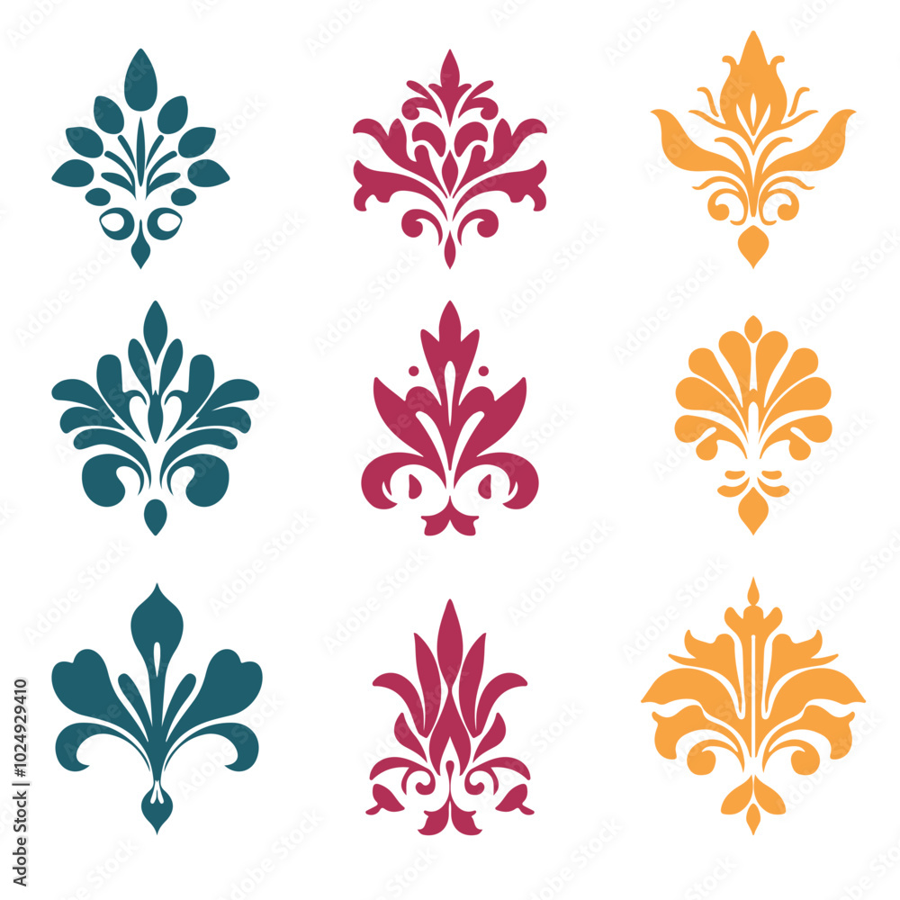 Set of floral ornament elements icons Set of floral ornament elements icons