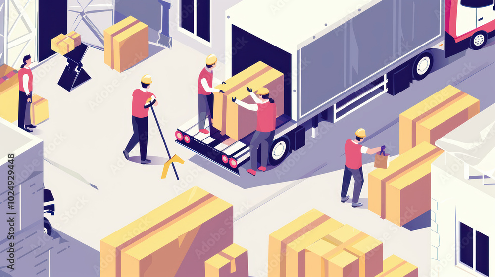 Efficient workers loading boxes onto truck in busy warehouse environment, showcasing teamwork and organization in logistics Efficient workers loading boxes onto truck in busy warehouse environment, showcasing teamwork and organization in logistics