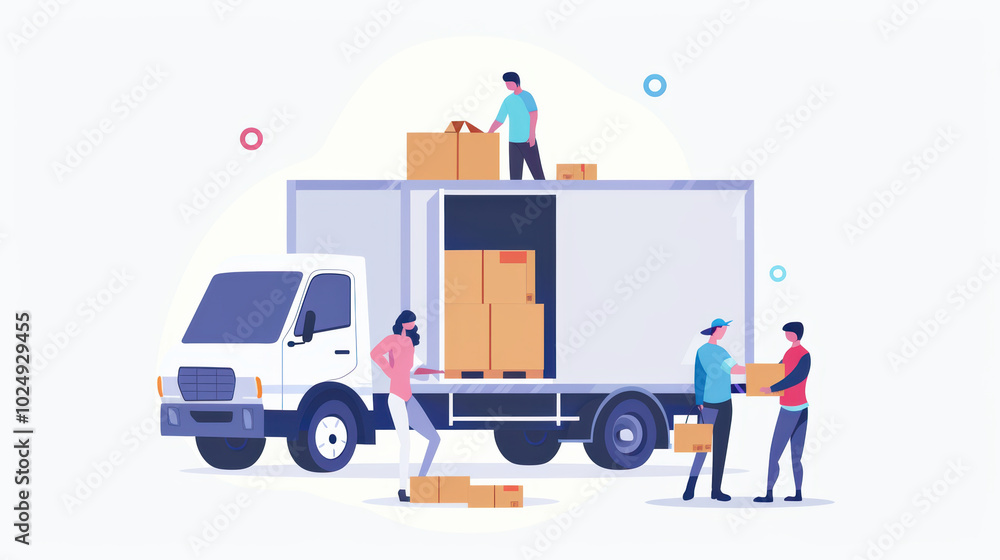 Efficient delivery service with workers loading and unloading boxes from truck, showcasing teamwork and organization in logistics Efficient delivery service with workers loading and unloading boxes from truck, showcasing teamwork and organization in logistics