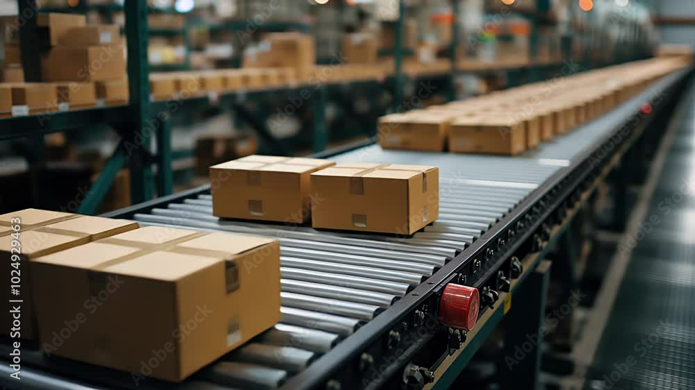 Cardboard boxes on conveyor rollers ready to be shipped by courier for distribution. Created with Generative AI.