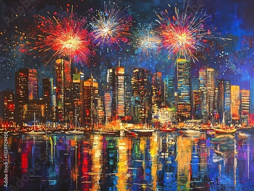 Vibrant City Skyline with Colorful Fireworks Display