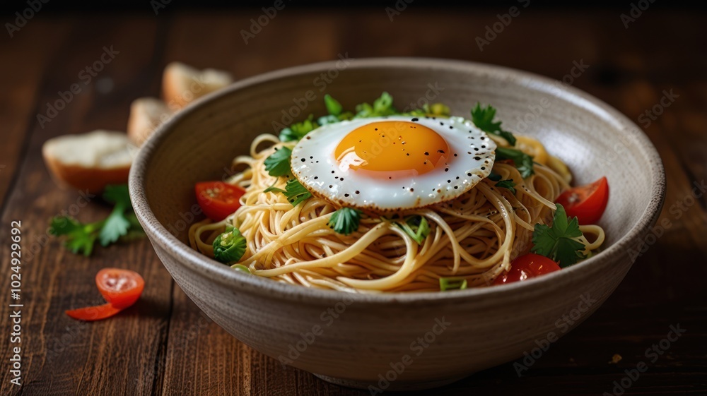 A bowl of spaghetti with a fried egg on top, cherry tomatoes, and parsley. A bowl of spaghetti with a fried egg on top, cherry tomatoes, and parsley.