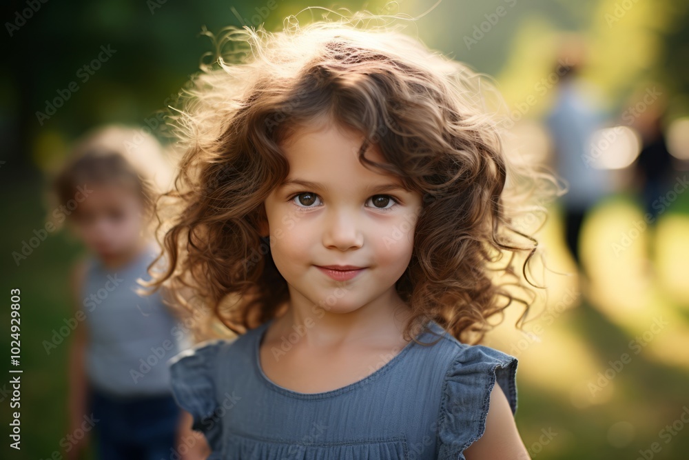 Portrait of a cute little girl with curly hair in the park Portrait of a cute little girl with curly hair in the park