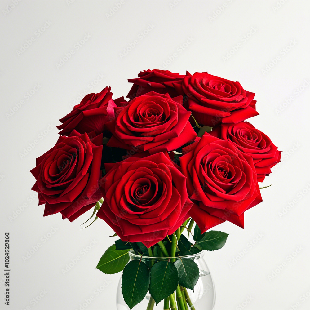 A bouquet of vibrant red roses in a crystal vase against a bright white background A bouquet of vibrant red roses in a crystal vase against a bright white background