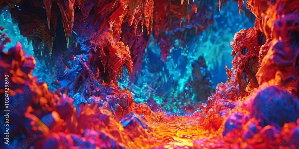 Fototapeta premium A colorful, surreal landscape with a lava-filled cave