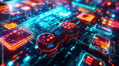 A futuristic abstract image of a glowing game controller laying on a circuit board. The board is lit with vibrant neon colors.