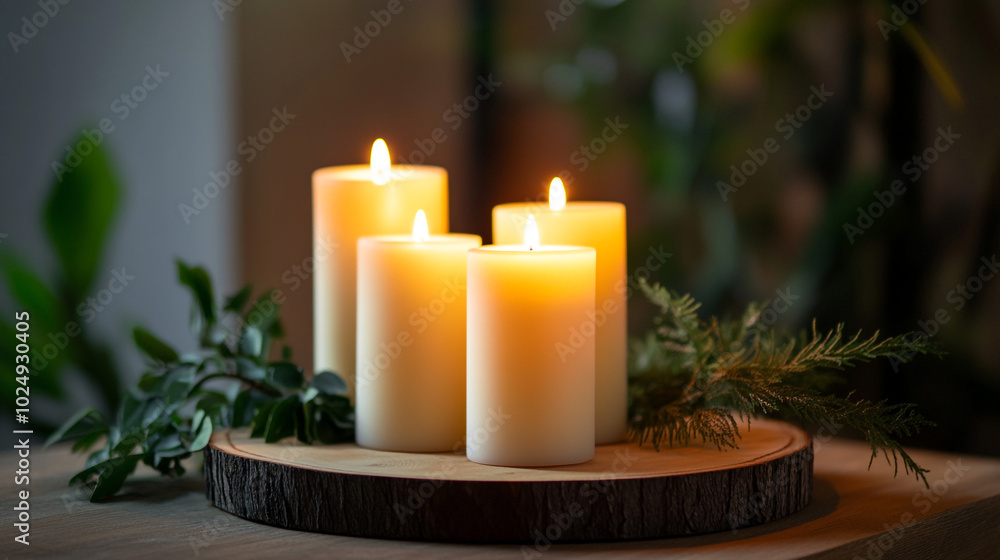 Warm ambiance created by glowing candles arranged on a wooden platter with greenery indoors Warm ambiance created by glowing candles arranged on a wooden platter with greenery indoors