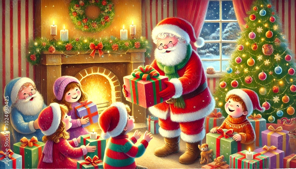Santa Claus Delivering Holiday Cheer by Gifting Presents to Children in a Warm, Pastel-Colored Storybook Scene Filled with Christmas Magic Santa Claus Delivering Holiday Cheer by Gifting Presents to Children in a Warm, Pastel-Colored Storybook Scene Filled with Christmas Magic