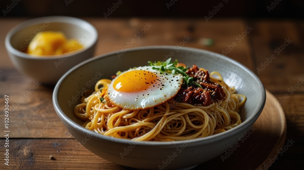 A bowl of noodles with a fried egg, meat, and herbs, served with a side dish of pickled vegetables.