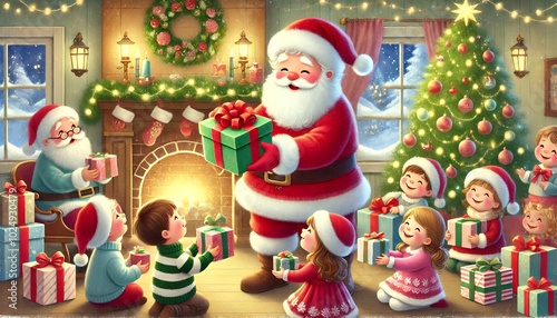 Santa Claus Delivering Warm Christmas Gifts to Children in a Cozy, Pastel-Colored Storybook Scene Filled with Holiday Cheer and Magic