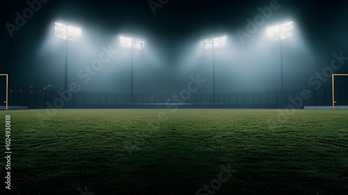 Foggy night view of a green field with bright lights on each side and goals in the distance.