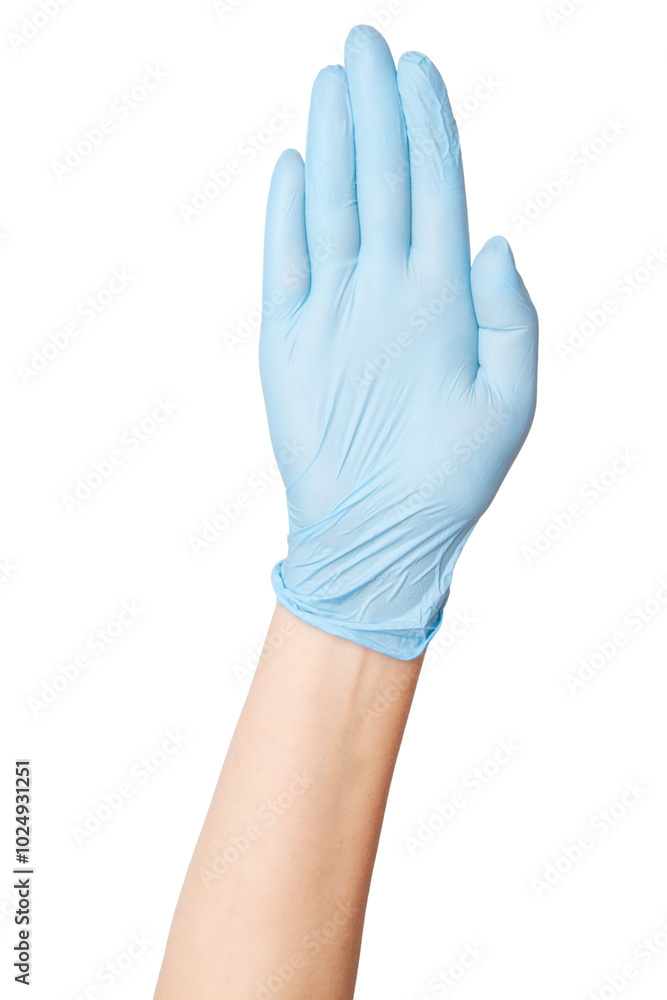 Hand in medical gloves making a stop gesture on an empty background. Safety signal, healthcare communication, caution.