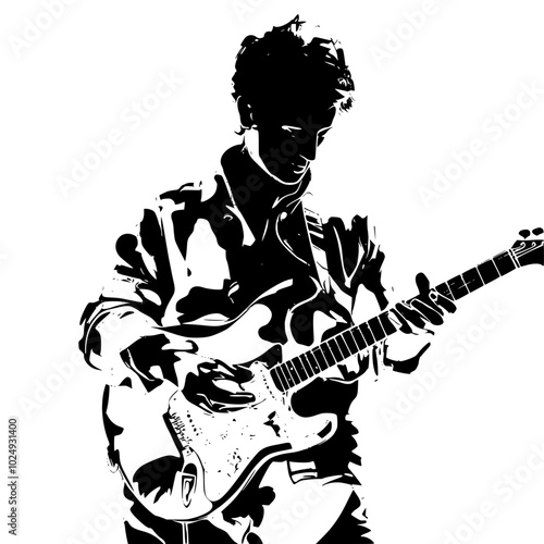 "Silhouette of Man in Suit Playing Electric Guitar"

