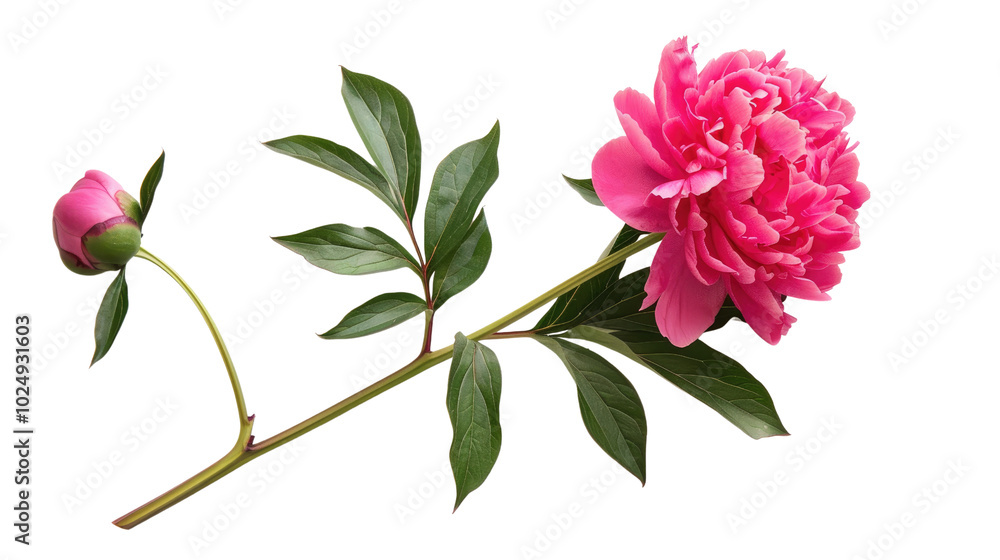 Fototapeta premium A vibrant pink peony with green leaves and stem on a white background