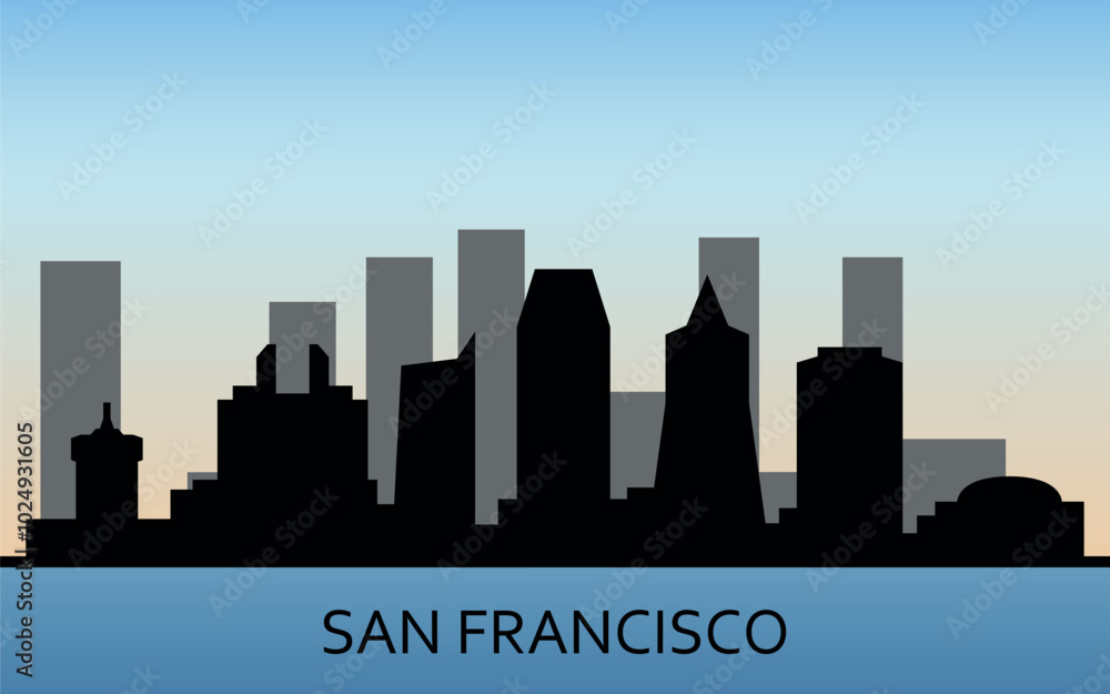 Fototapeta premium Black silhouette of San Francisco city skyline with reflection in the water on the blue sky background. Vector graphics