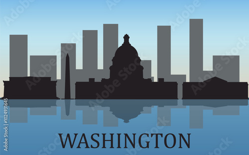 Black, silhouette of Washington city skyline with reflection in the water on the background of blue sky. Vector graphics