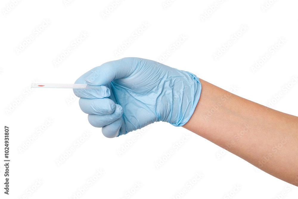 Hand in medical gloves holding a microscope slide with a drop of blood on an empty background. Laboratory analysis, medical diagnostics, healthcare research. Hand in medical gloves holding a microscope slide with a drop of blood on an empty background. Laboratory analysis, medical diagnostics, healthcare research.