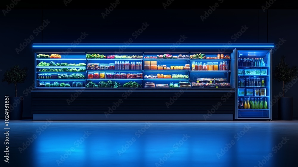Brightly illuminated grocery store refrigerator section showcasing fresh produce and beverages in an urban setting at night Brightly illuminated grocery store refrigerator section showcasing fresh produce and beverages in an urban setting at night