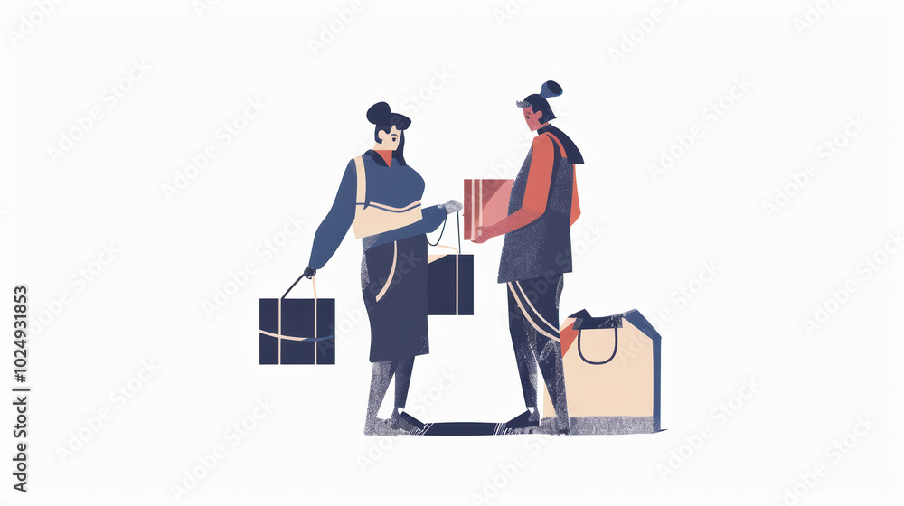 woman and man exchanging gifts while holding shopping bags, showcasing joyful shopping experience. Their stylish outfits reflect modern fashion trends woman and man exchanging gifts while holding shopping bags, showcasing joyful shopping experience. Their stylish outfits reflect modern fashion trends