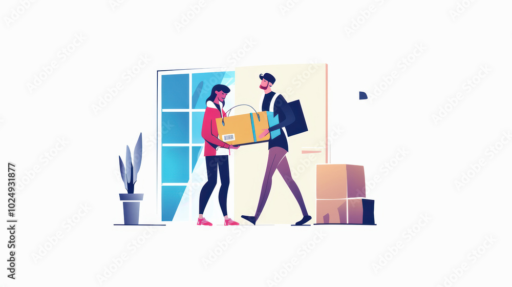 man and woman are exchanging package in bright, modern setting, conveying sense of collaboration and friendliness man and woman are exchanging package in bright, modern setting, conveying sense of collaboration and friendliness