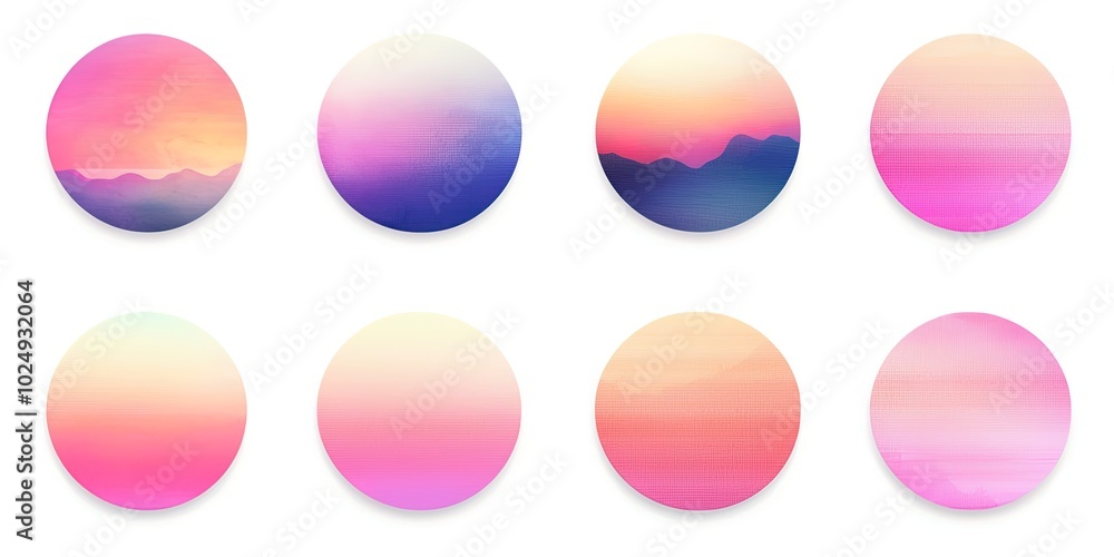 Set of 8 Gradient Circles with Sunset and Landscape Scenes - Perfect for Social Media Avatars, App Icons, or Decorative Elements Set of 8 Gradient Circles with Sunset and Landscape Scenes - Perfect for Social Media Avatars, App Icons, or Decorative Elements
