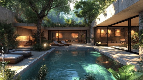 Wallpaper Mural Modern villa with a pool surrounded by lush greenery. Torontodigital.ca