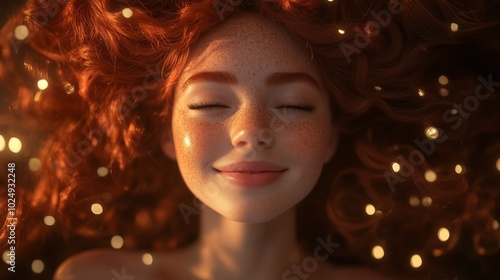 A serene moment as a young woman with curly red hair relaxes and smiles softly surrounded by glowing lights in a dreamy setting