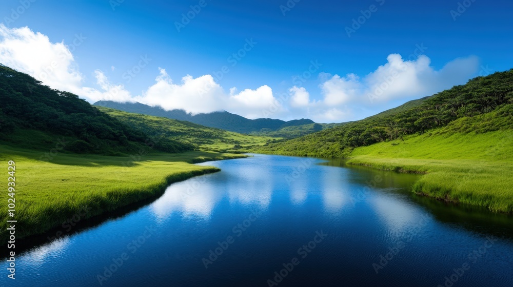 Serene mountain lake surrounded by lush green hills Serene mountain lake surrounded by lush green hills