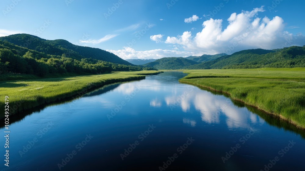 Serene mountain lake landscape with reflection Serene mountain lake landscape with reflection