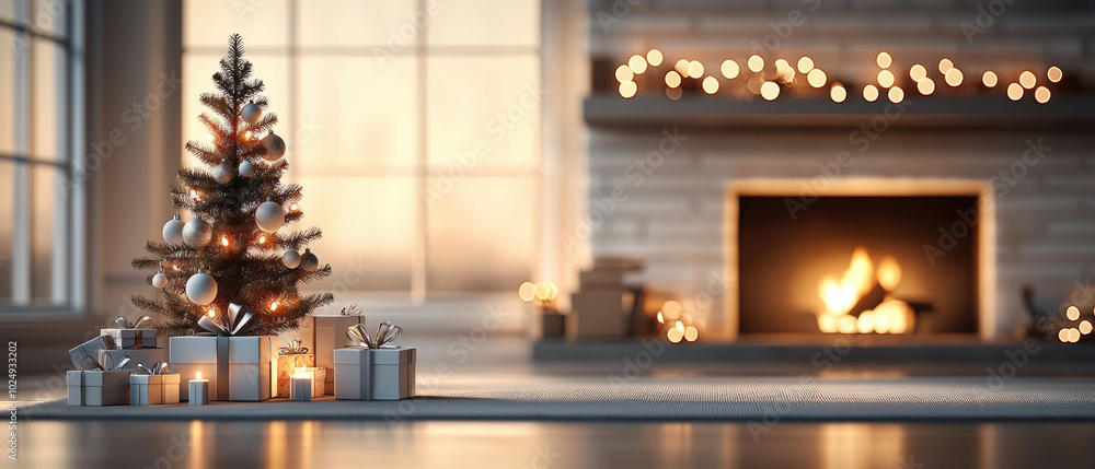 Cozy Christmas scene with tree, gifts, and glowing fireplace. Cozy Christmas scene with tree, gifts, and glowing fireplace.