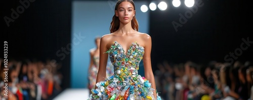 Fashion model wearing a dress made of plastic waste on a runway, Fast Fashion, sustainability, environmental statement, concept art