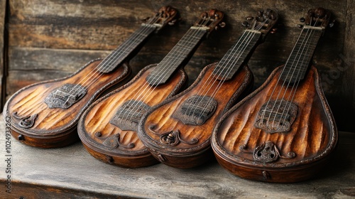 Four intricately crafted wooden string instruments displayed together.