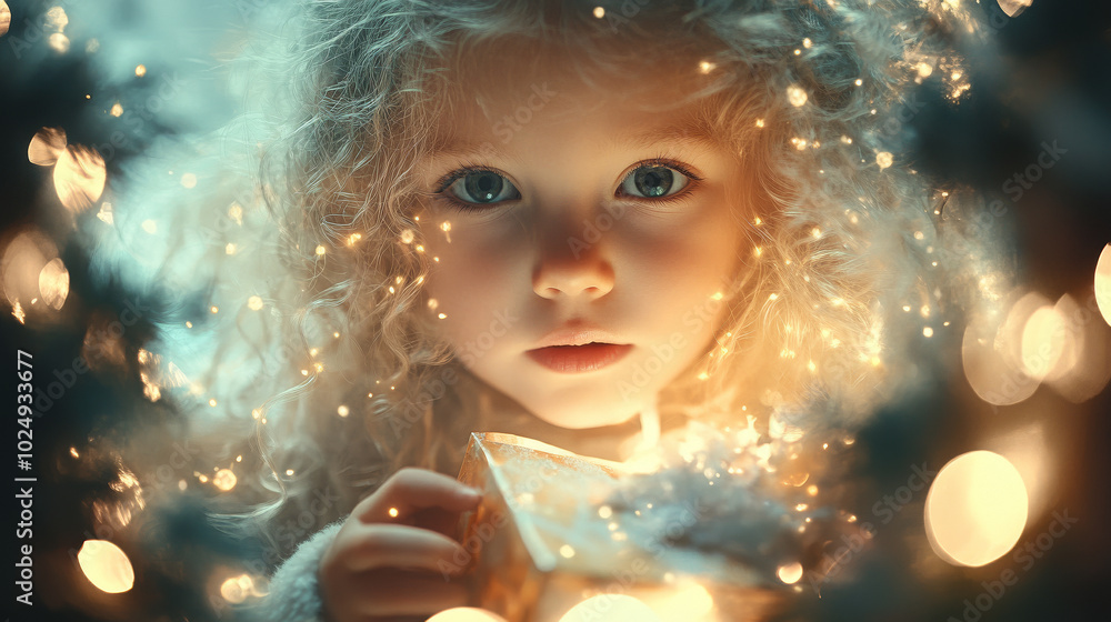 A blonde girl looking for a Christmas present under the tree A blonde girl looking for a Christmas present under the tree