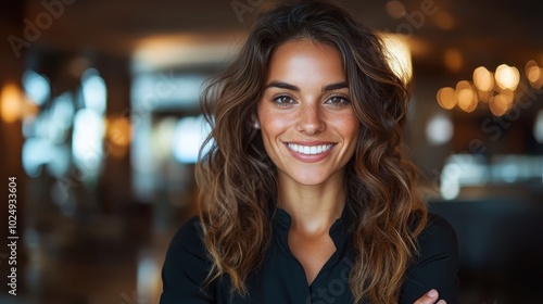 A vibrant woman with wavy hair smiles genuinely in a cozy environment, with a soft-focus background complementing the intimate and inviting ambiance.