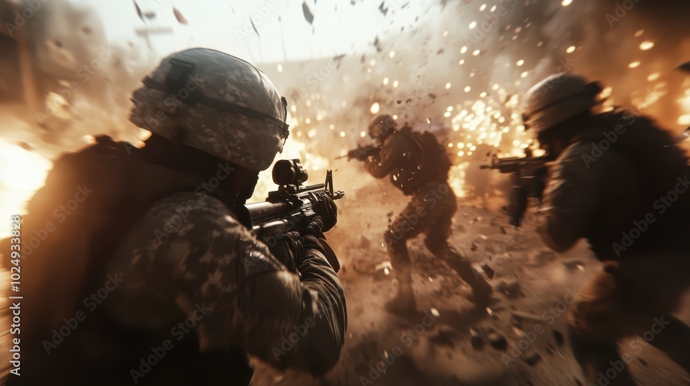 A group of soldiers in tactical gear engage in intense combat amid ...