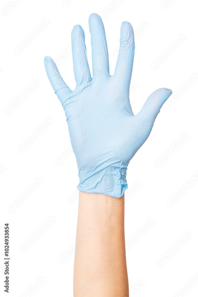 Hand in medical gloves showing the number five or an open palm on an empty background. Counting, communication, healthcare interaction. Hand in medical gloves showing the number five or an open palm on an empty background. Counting, communication, healthcare interaction.