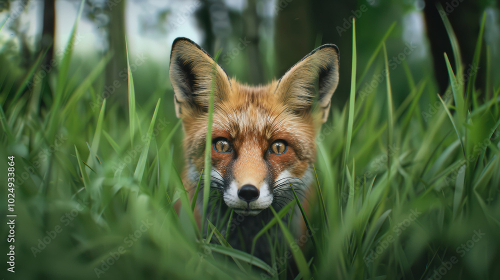 Fototapeta premium close up of red fox peering through tall green grass, showcasing its striking features and alert expression. lush environment adds to natural beauty of this wild animal