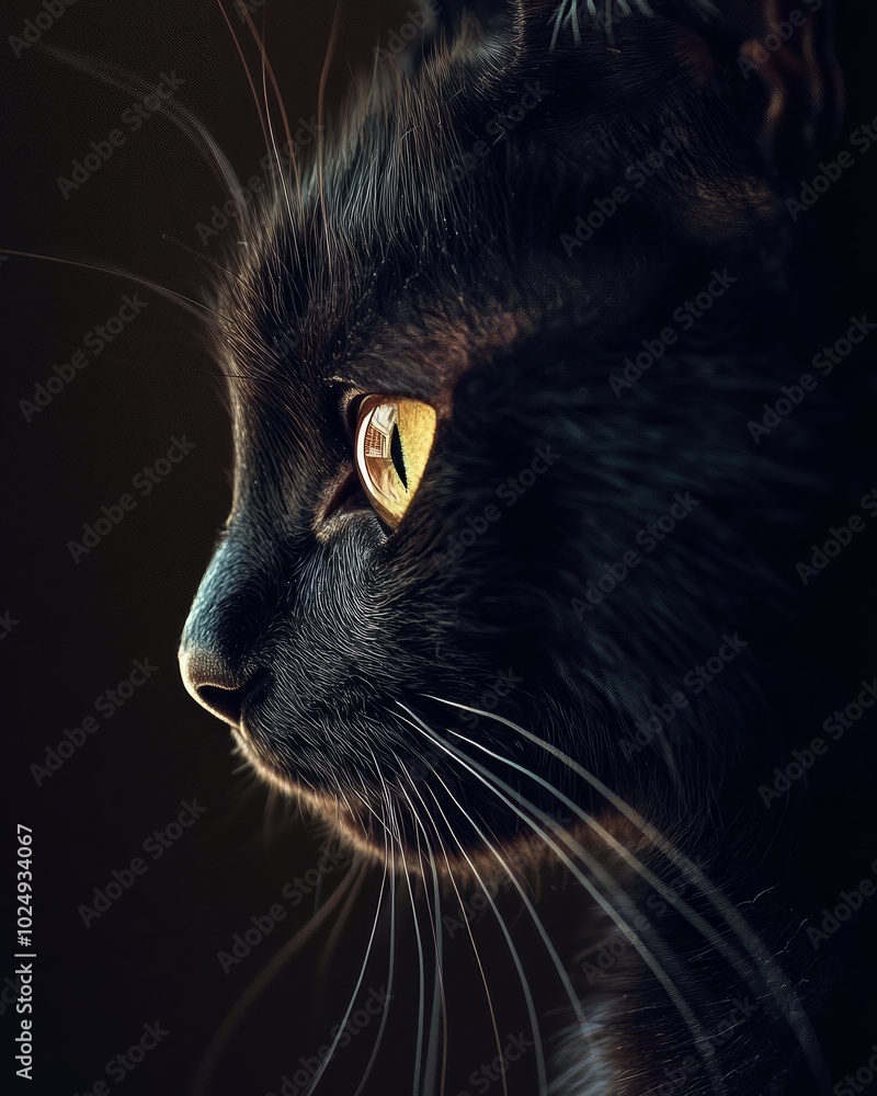 Detailed close-up of a black cat with glossy fur, gazing intently with piercing eyes Detailed close-up of a black cat with glossy fur, gazing intently with piercing eyes
