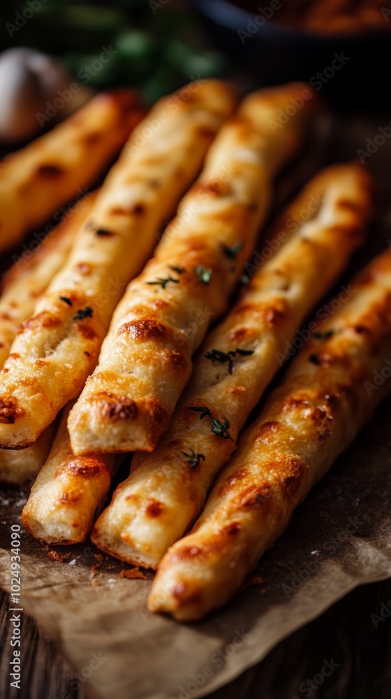 Freshly baked breadsticks on a rustic wooden board, ready to be served Freshly baked breadsticks on a rustic wooden board, ready to be served