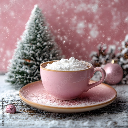 Wallpaper Mural A cup of drink on a table with Christmas decorations, snowy, icy texture Torontodigital.ca