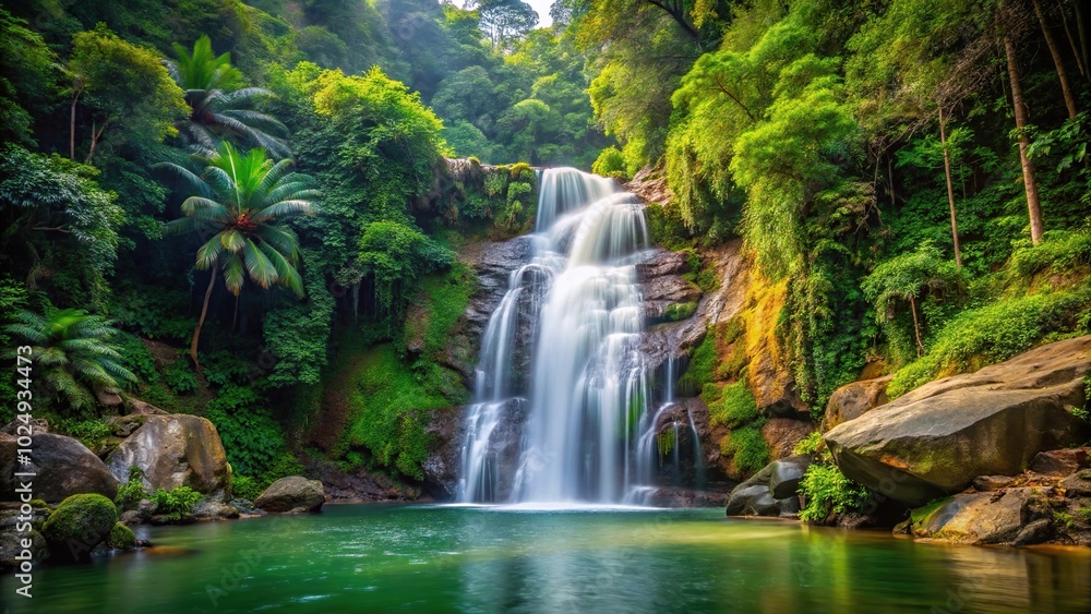 Scenic medium shot of a majestic waterfall in the mountains surrounded by lush greenery Scenic medium shot of a majestic waterfall in the mountains surrounded by lush greenery