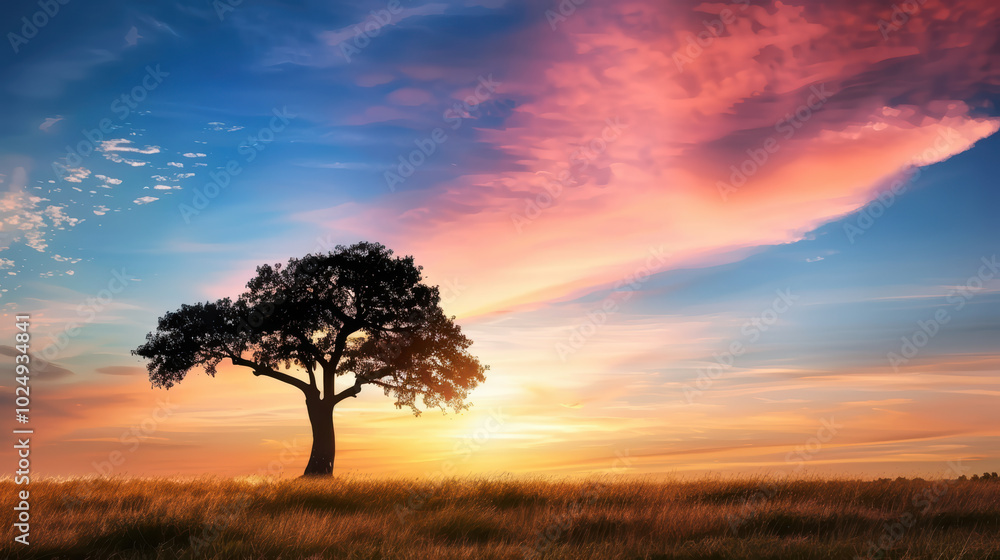 solitary tree stands majestically against vibrant sunset sky, with hues of orange, pink, and blue blending beautifully. serene landscape evokes sense of peace and tranquility solitary tree stands majestically against vibrant sunset sky, with hues of orange, pink, and blue blending beautifully. serene landscape evokes sense of peace and tranquility