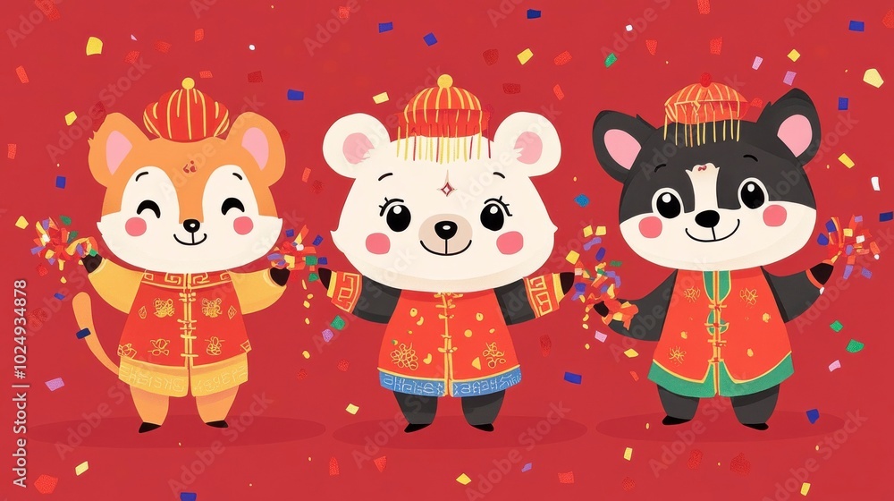 Naklejka premium Festive Animal Characters in Colorful Celebration Attire